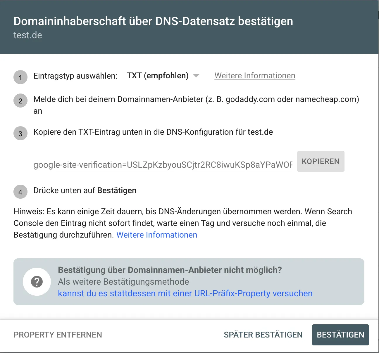 Domaininhaberschaft in der Google Search Console über einen DNS-TXT-Datensatz bestätigen