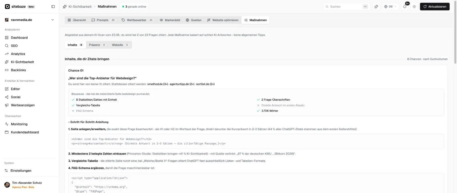 Sitebaze Maßnahmen: konkrete GEO-Chancen mit Blaupause der zitierten Seite und Schritt-für-Schritt-Anleitung