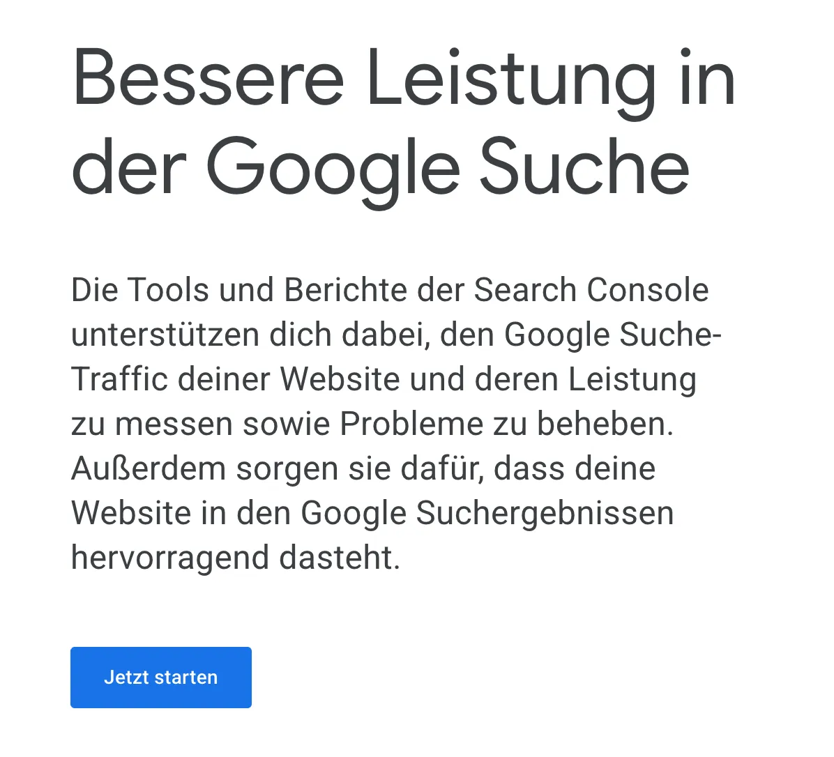 Startseite der Google Search Console mit dem Button „Jetzt starten"