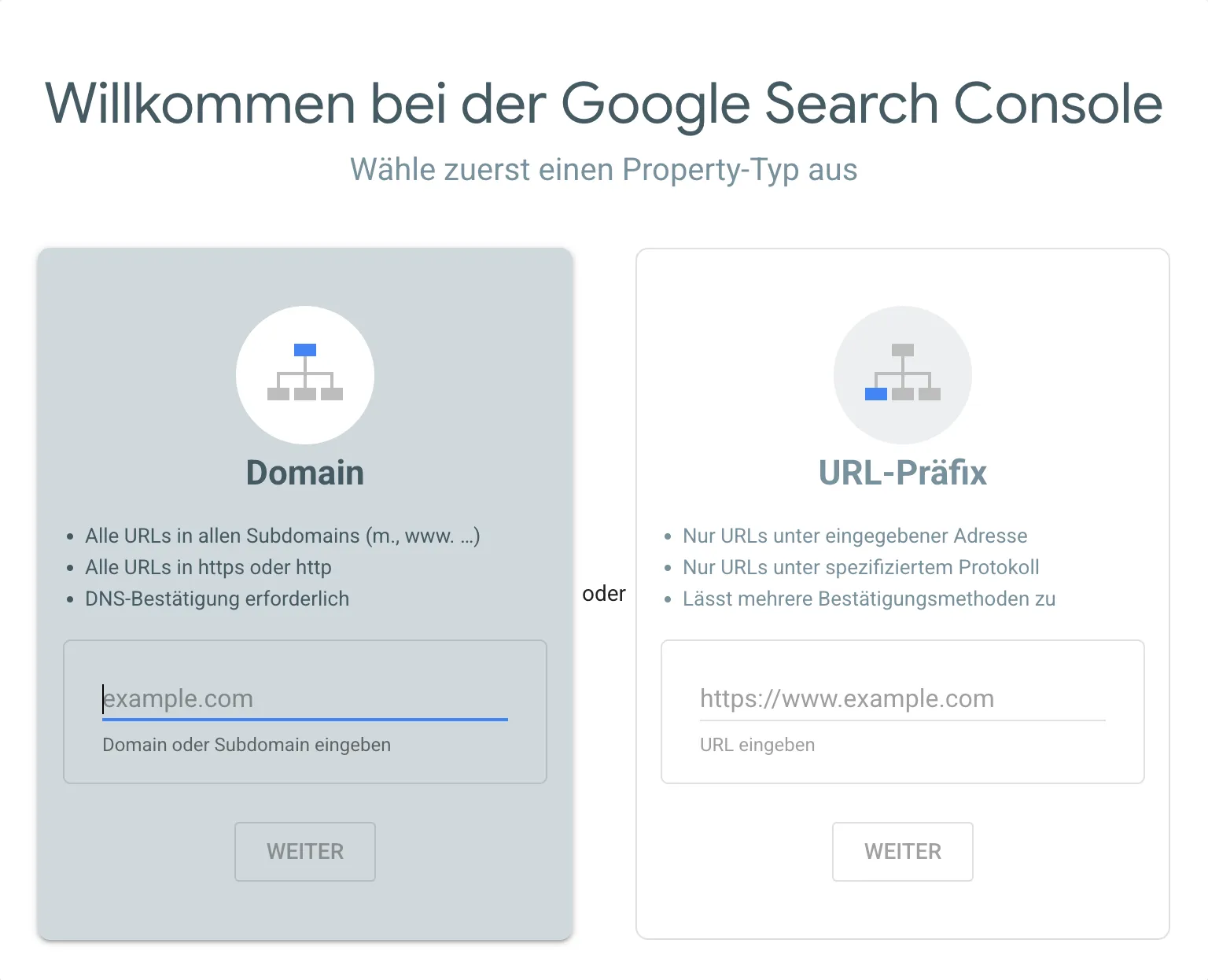Google Search Console: Auswahl des Property-Typs Domain oder URL-Präfix